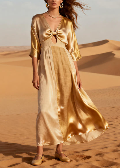 Boho Beige Bow Patchwork Linen Silk Long Dress Summer