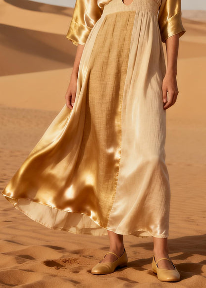 Boho Beige Bow Patchwork Linen Silk Long Dress Summer