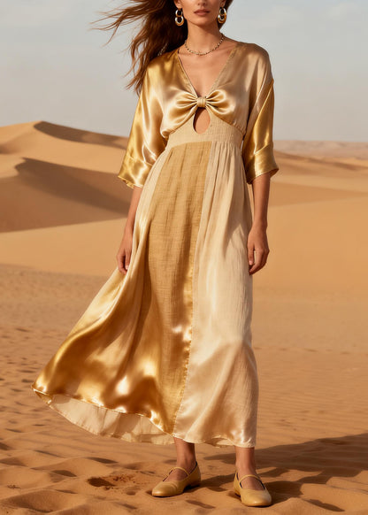 Boho Beige Bow Patchwork Linen Silk Long Dress Summer
