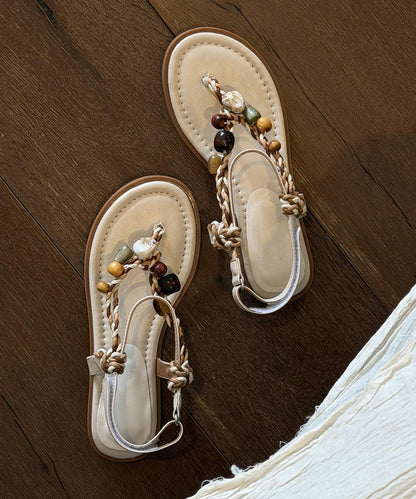 Boho Beige Faux Leather Thong Sandals Splicing