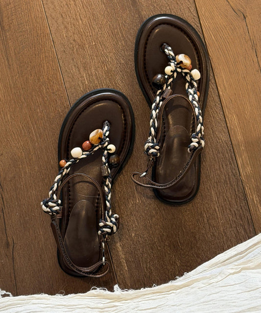Boho Beige Faux Leather Thong Sandals Splicing