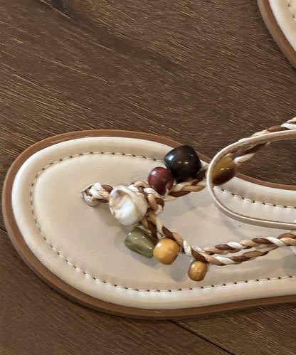 Boho Beige Faux Leather Thong Sandals Splicing