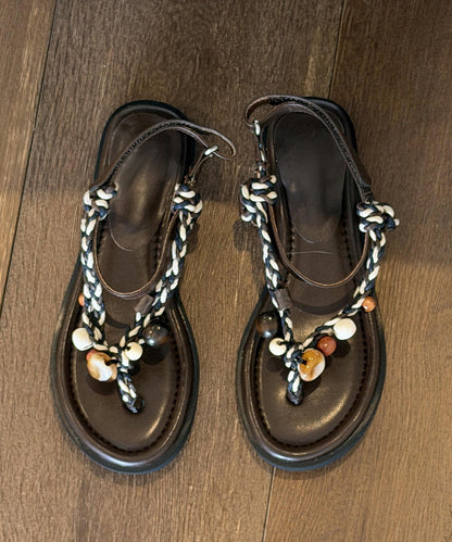 Boho Beige Faux Leather Thong Sandals Splicing