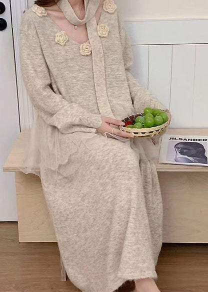 Boho Beige Floral Patchwork Knit Two Piece Set Women Clothing Winter