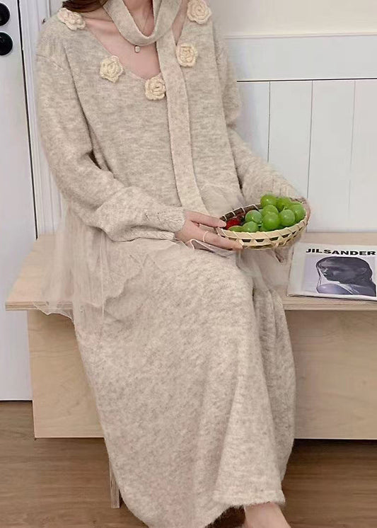 Boho Beige Floral Patchwork Knit Two Piece Set Women Clothing Winter