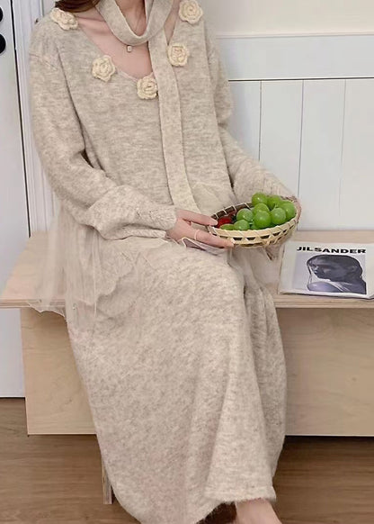 Boho Beige Floral Patchwork Knit Two Piece Set Women Clothing Winter