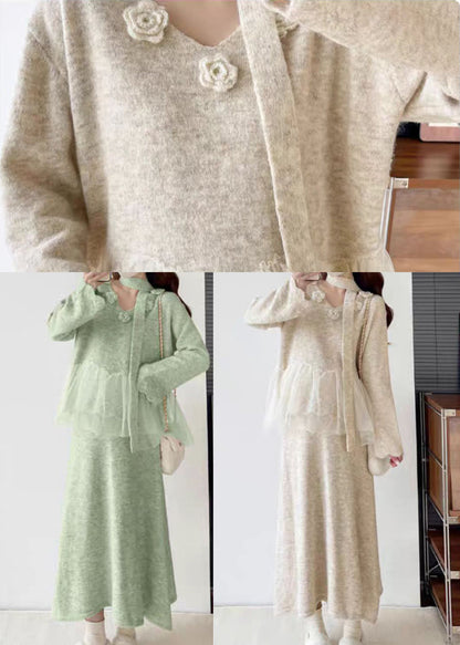 Boho Beige Floral Patchwork Knit Two Piece Set Women Clothing Winter
