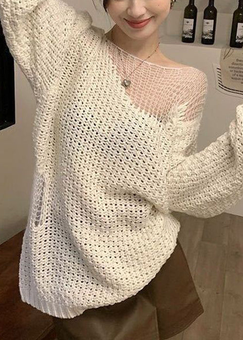 Boho Beige Hollow Out Solid Knit Sweater Spring