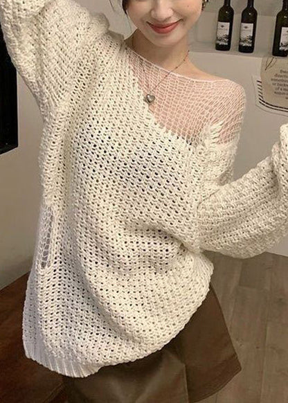 Boho Beige Hollow Out Solid Knit Sweater Spring
