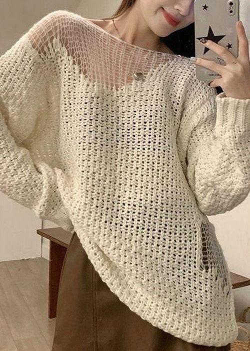 Boho Beige Hollow Out Solid Knit Sweater Spring