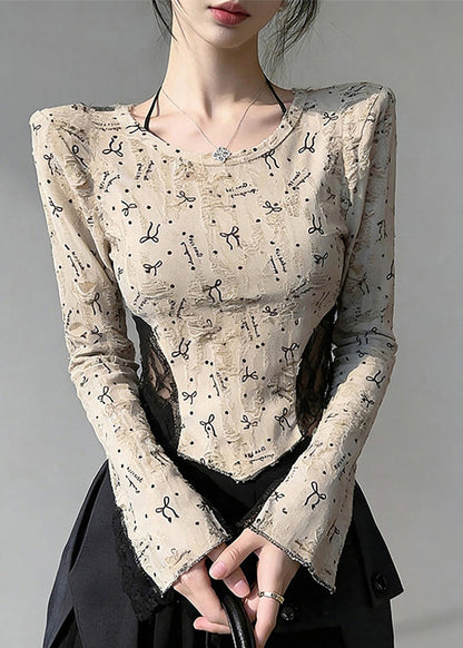 Boho Beige Print Lace Patchwork Cotton Blouses Flare Sleeve