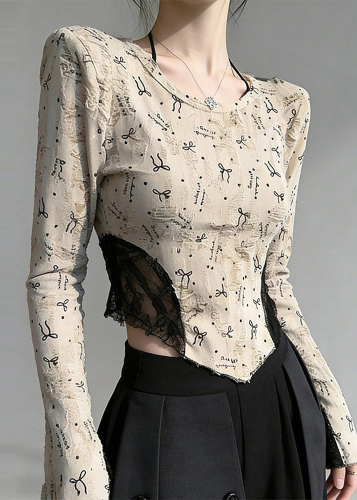 Boho Beige Print Lace Patchwork Cotton Blouses Flare Sleeve