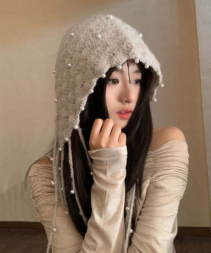 Boho Beige Tassel Nail Bead Knit Bonnie Hat