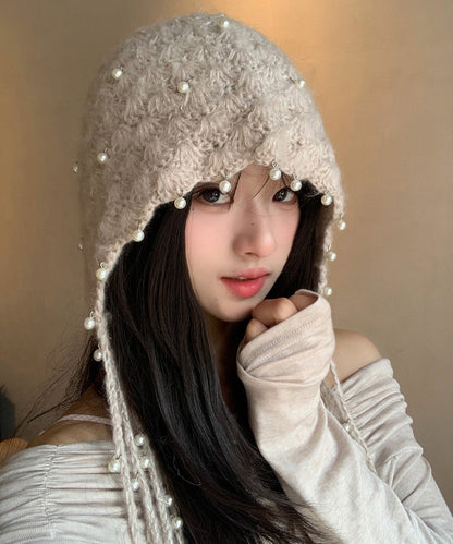 Boho Beige Tassel Nail Bead Knit Bonnie Hat