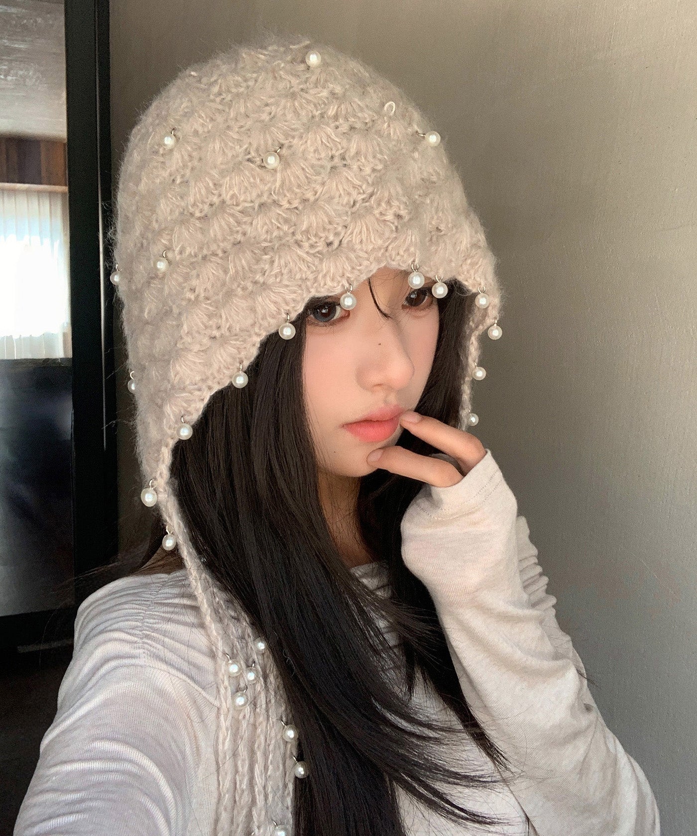 Boho Beige Tassel Nail Bead Knit Bonnie Hat