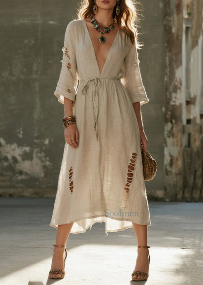 Boho Beige Tie Waist Ripped Linen Vacation Dress Bracelet Sleeve
