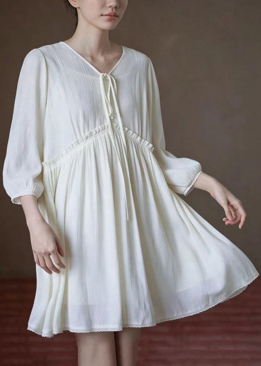 Boho Beige V Neck Lace Up Ruffled Dress Summer