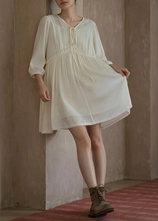 Boho Beige V Neck Lace Up Ruffled Dress Summer