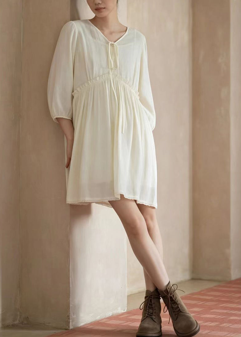 Boho Beige V Neck Lace Up Ruffled Dress Summer