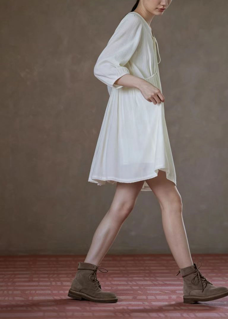 Boho Beige V Neck Lace Up Ruffled Dress Summer