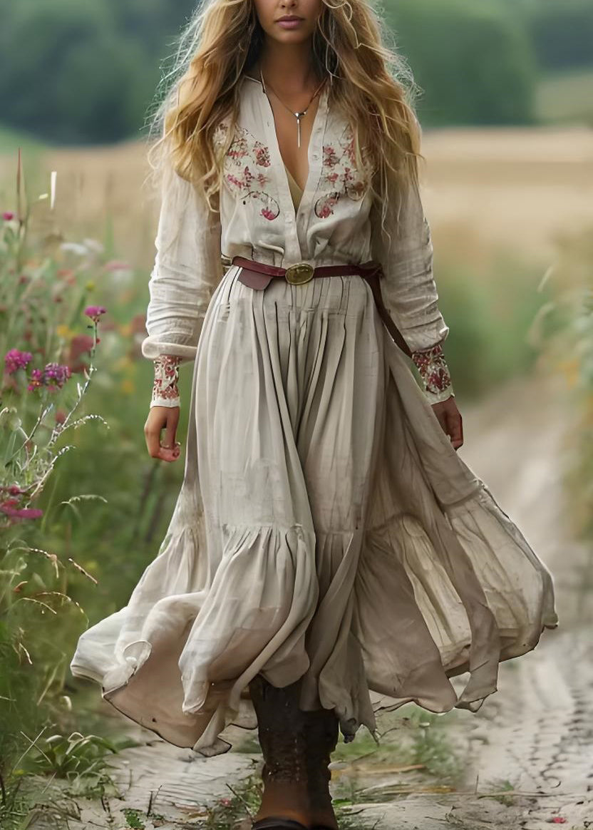 Boho Beige V Neck Print Patchwork Cotton Long Dress Spring