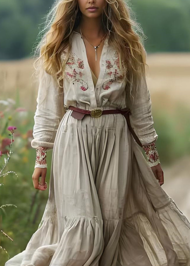 Boho Beige V Neck Print Patchwork Cotton Long Dress Spring