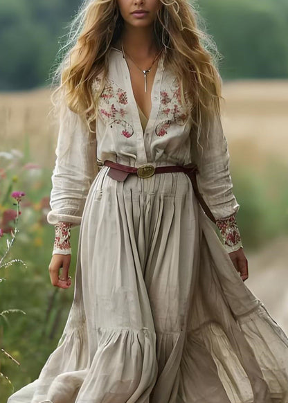 Boho Beige V Neck Print Patchwork Cotton Long Dress Spring