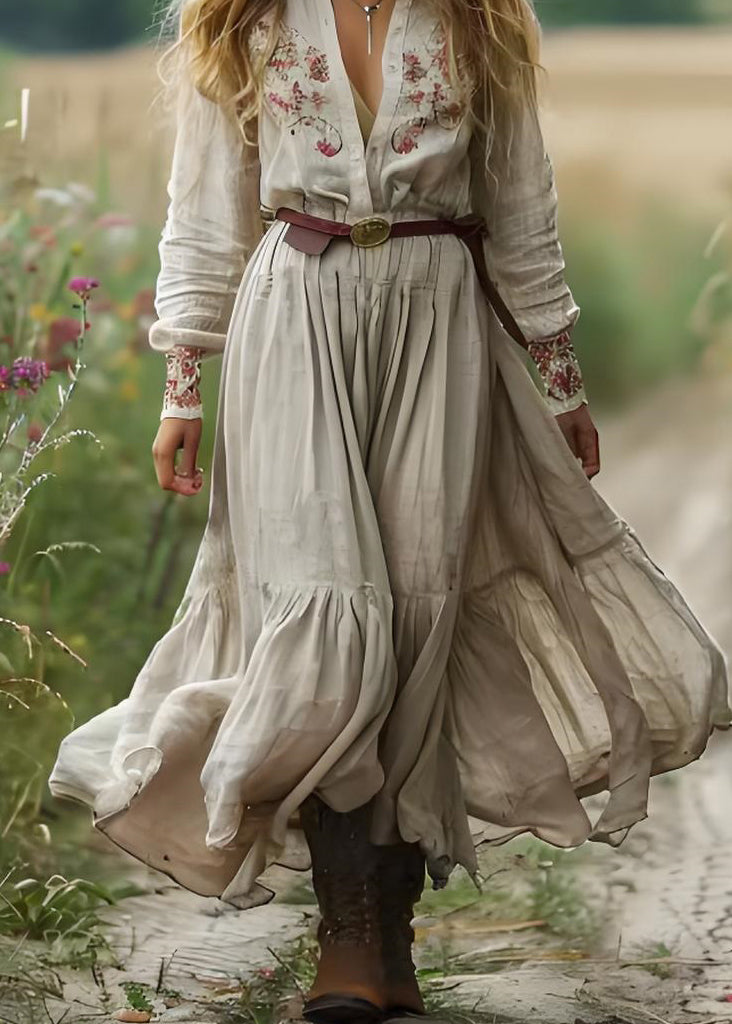Boho Beige V Neck Print Patchwork Cotton Long Dress Spring