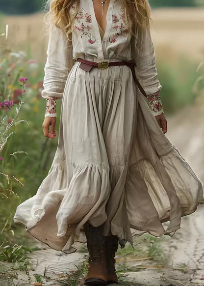 Boho Beige V Neck Print Patchwork Cotton Long Dress Spring