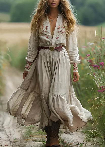Boho Beige V Neck Print Patchwork Cotton Long Dress Spring