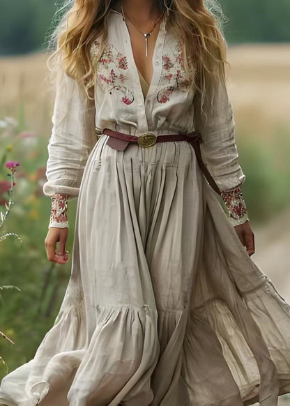 Boho Beige V Neck Print Patchwork Cotton Long Dress Spring