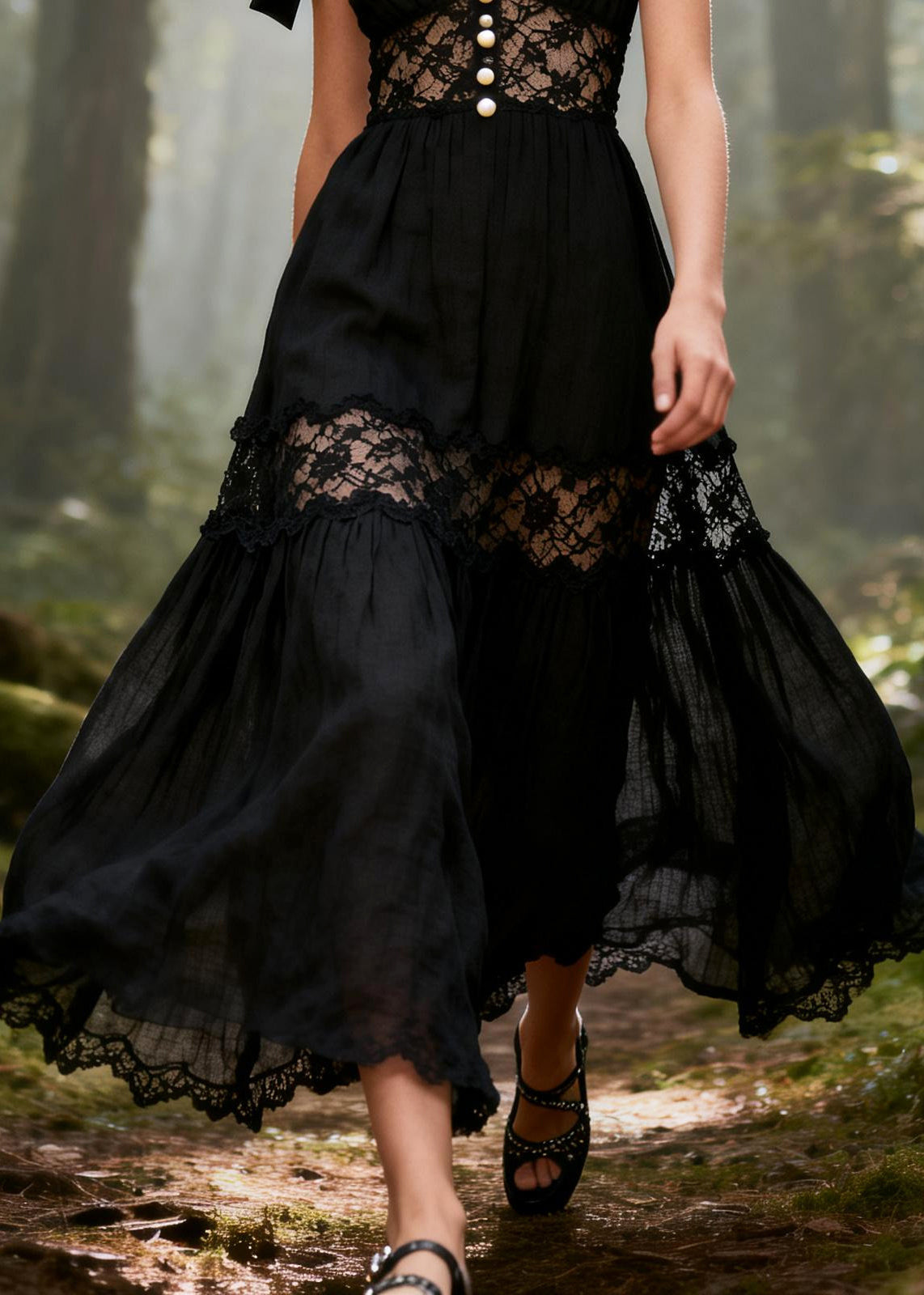 Boho Black Bow Patchwork Lace Party Dress Summer