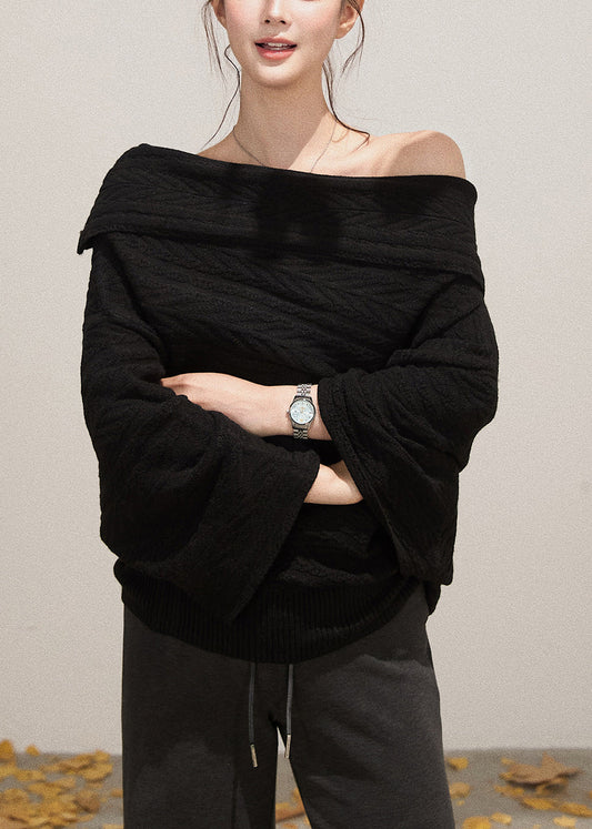Boho Black Cold Shoulder Sexy Knit Short Sweater Fall