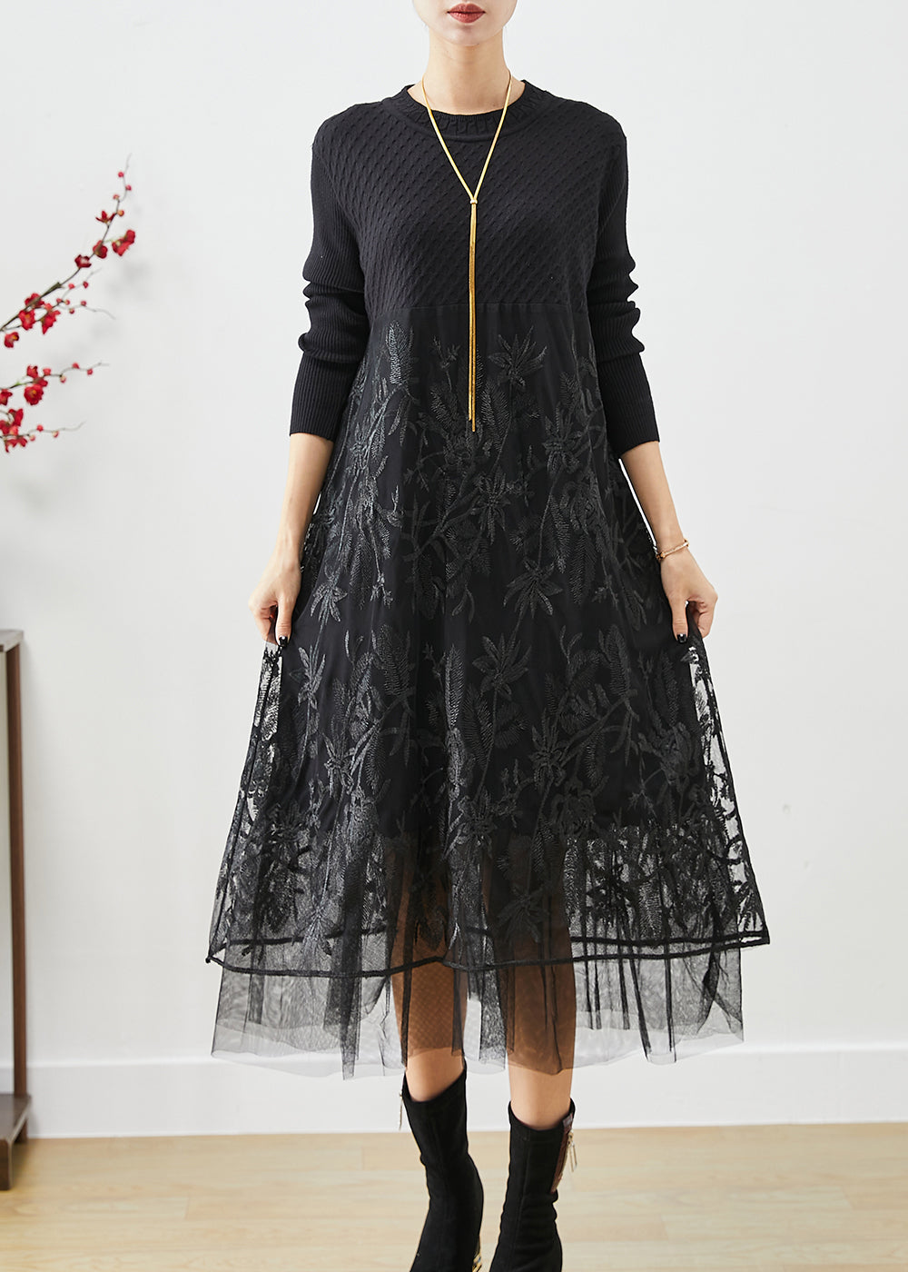 Boho Black Embroideried Tulle Patchwork Knit Long Dress Fall