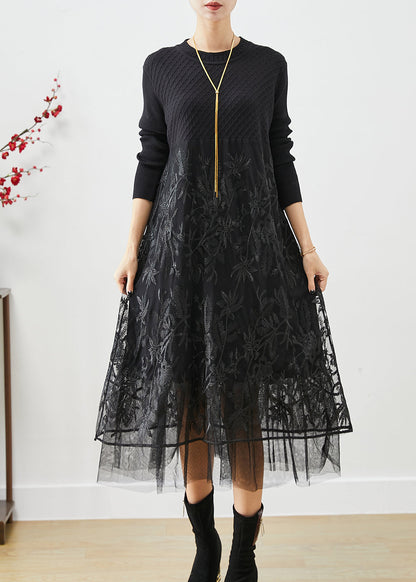 Boho Black Embroideried Tulle Patchwork Knit Long Dress Fall