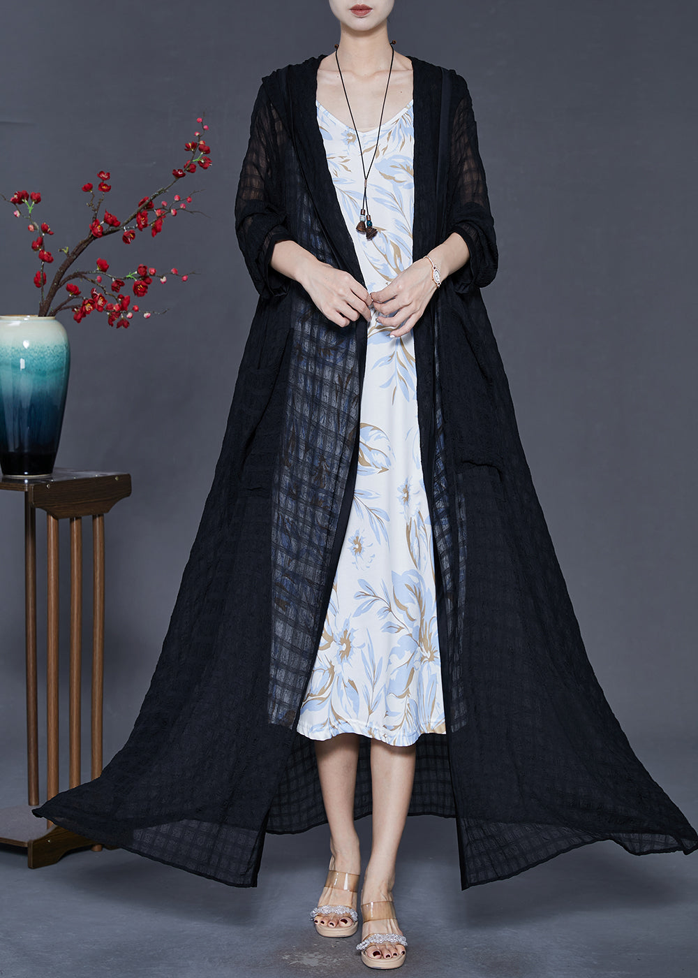 Boho Black Hooded Plaid Tulle Cardigans Spring