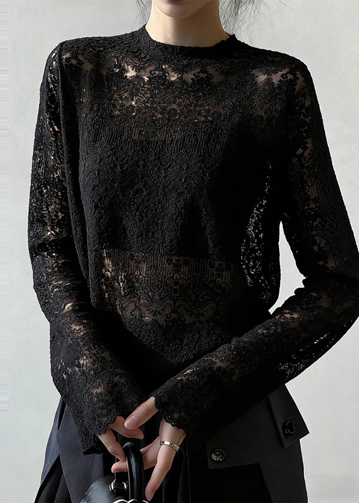 Boho Black Jacquard Hollow Out Lace Top Spring