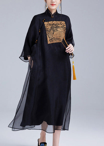 Boho Black Mandarin Collar Embroidered Silk Oriental Dress Summer