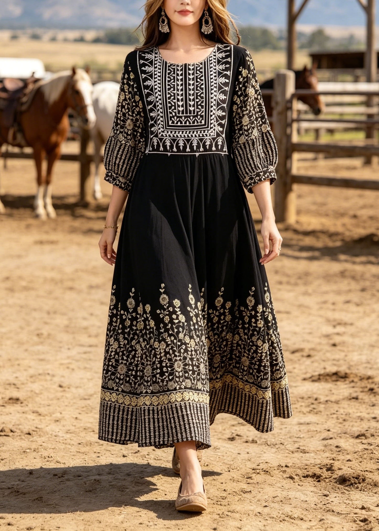 Boho Black O Neck Print Cotton Long Dresses Summer