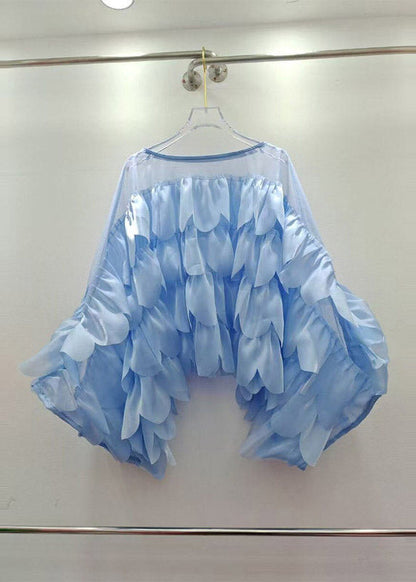 Boho Black O-Neck Ruffled Tulle Solid Tops Batwing Sleeve