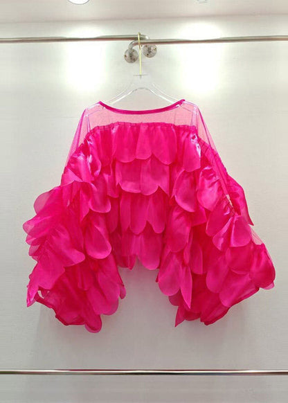 Boho Black O-Neck Ruffled Tulle Solid Tops Batwing Sleeve