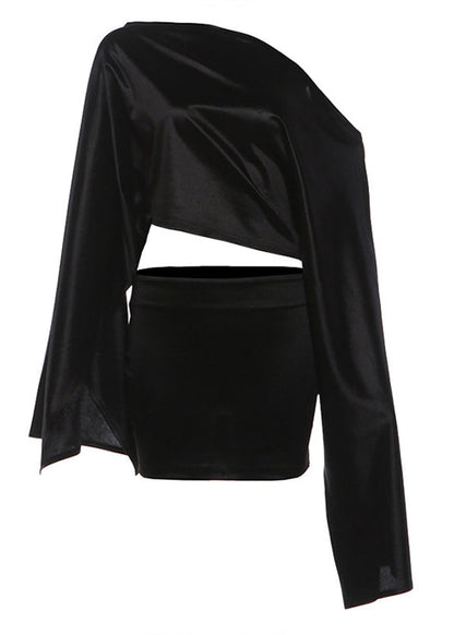 Boho Black One Shoulder Draping Silk Two Pieces Set Summer