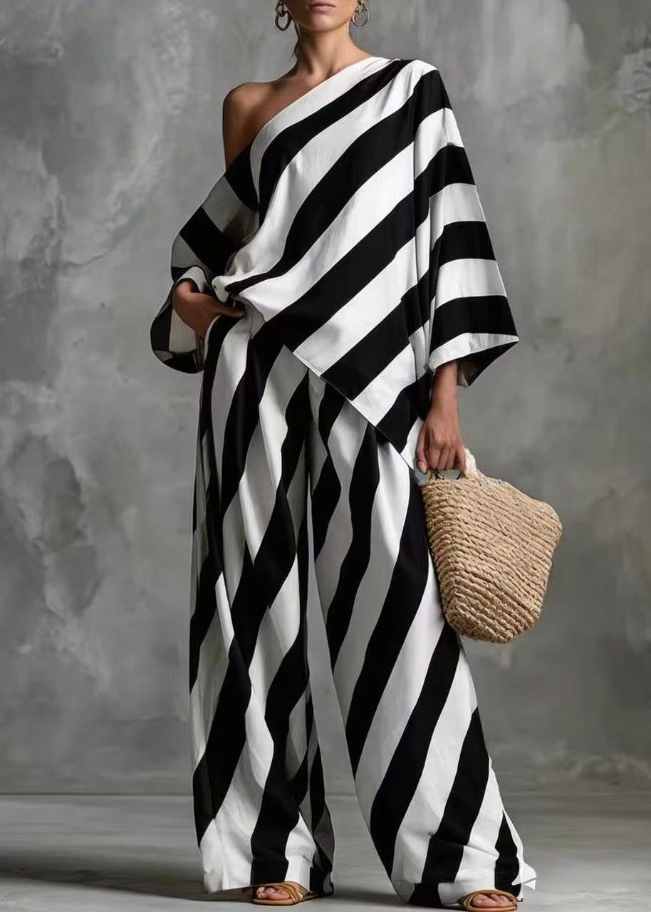 Boho Black One Shoulder Striped Cotton Two Pieces Set Fall