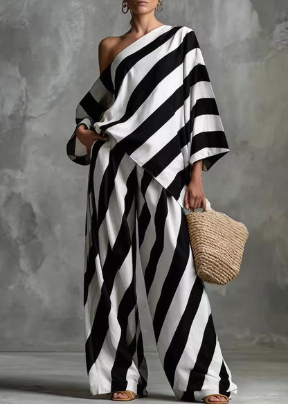 Boho Black One Shoulder Striped Cotton Two Pieces Set Fall