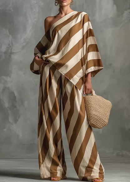 Boho Black One Shoulder Striped Cotton Two Pieces Set Fall