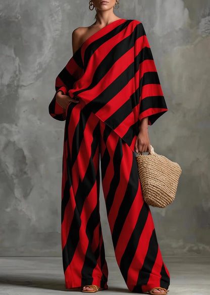Boho Black One Shoulder Striped Cotton Two Pieces Set Fall