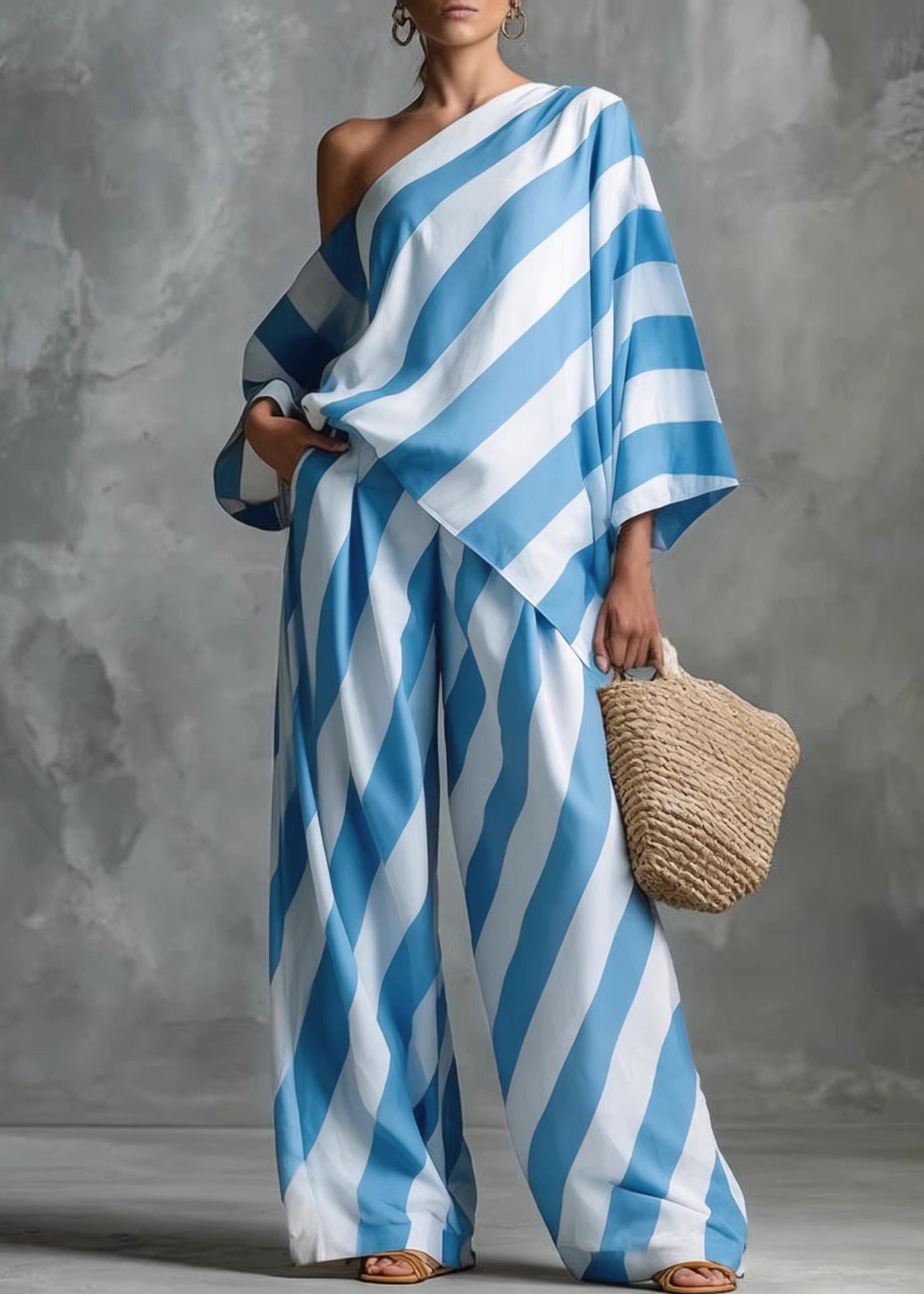 Boho Black One Shoulder Striped Cotton Two Pieces Set Fall