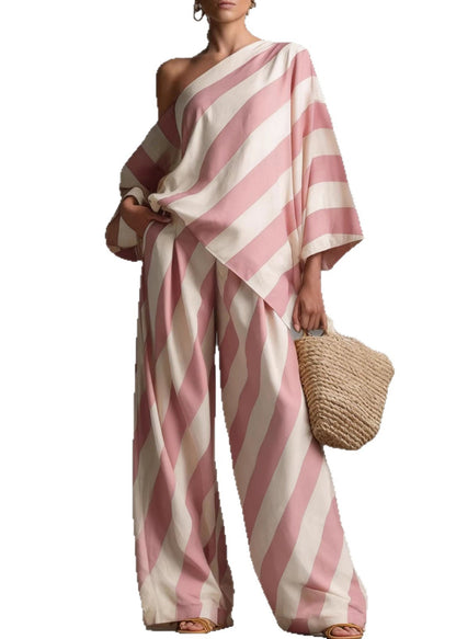 Boho Black One Shoulder Striped Cotton Two Pieces Set Fall