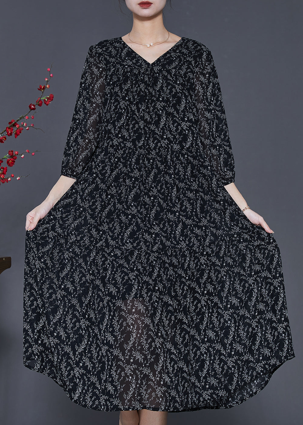 Boho Black Oversized Print Chiffon Dress Half Sleeve – MyPlusWear