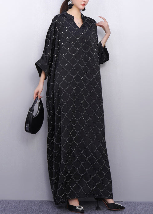 Boho Black Oversized Rhinestone Silk Maxi Dresses Summer